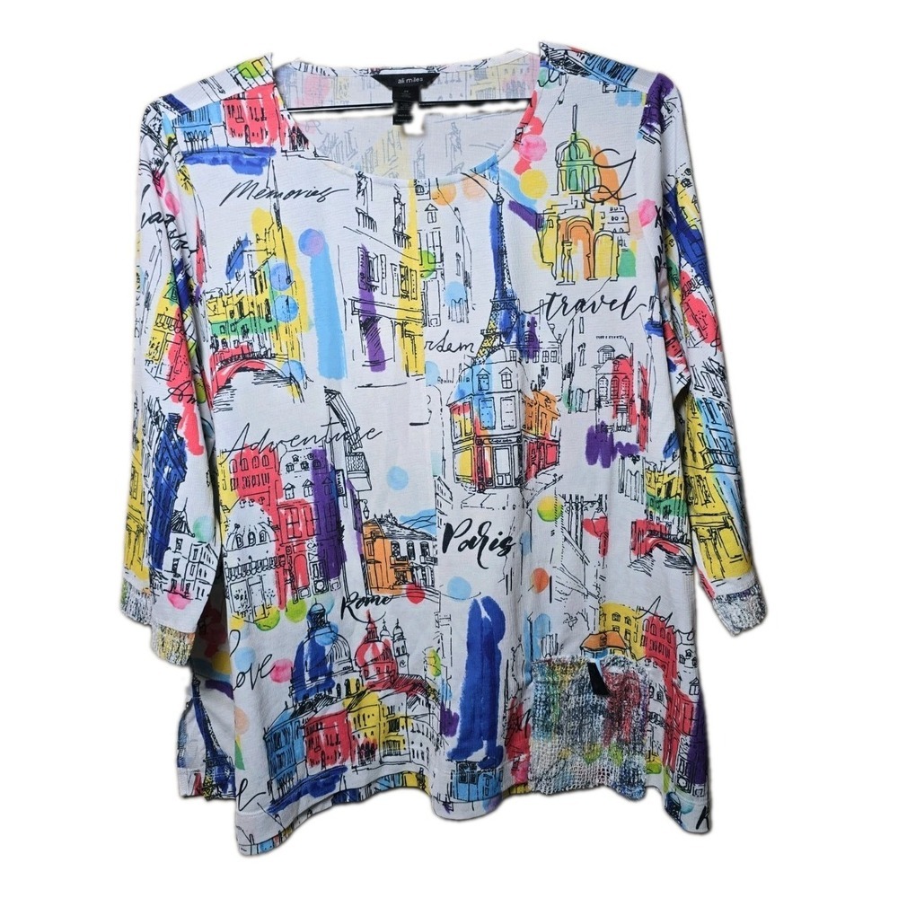 Ali Miles Paris Themed Top Blouse Art To Wear White Women's Size 2X Lagenlook t8